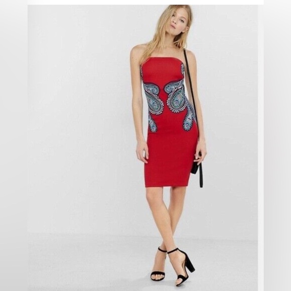 Express Red and Blue Strapless Bodycon Cocktail Dress - Picture 3 of 7